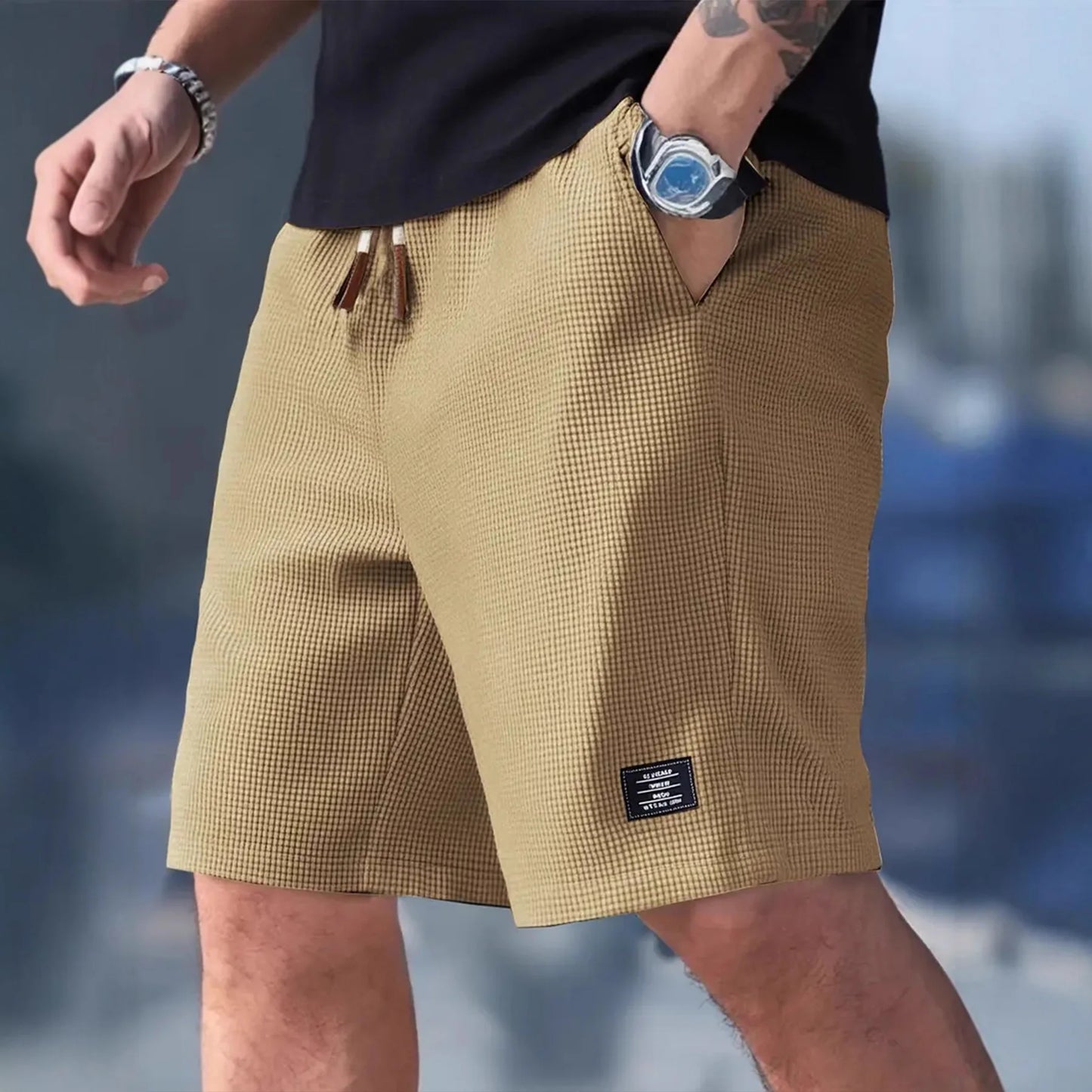 Summer Men's Waffle Texture Casual Sports Beach Shorts Quick Dry Trendy Versatile Bermuda Shorts Streetwear Lightweight