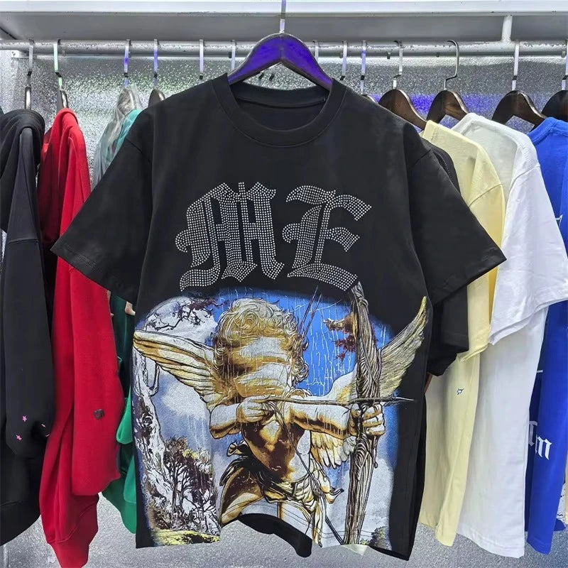 Unisex Couple Street Style Angel Print Summer Top Round Neck Short Sleeve T-Shirt