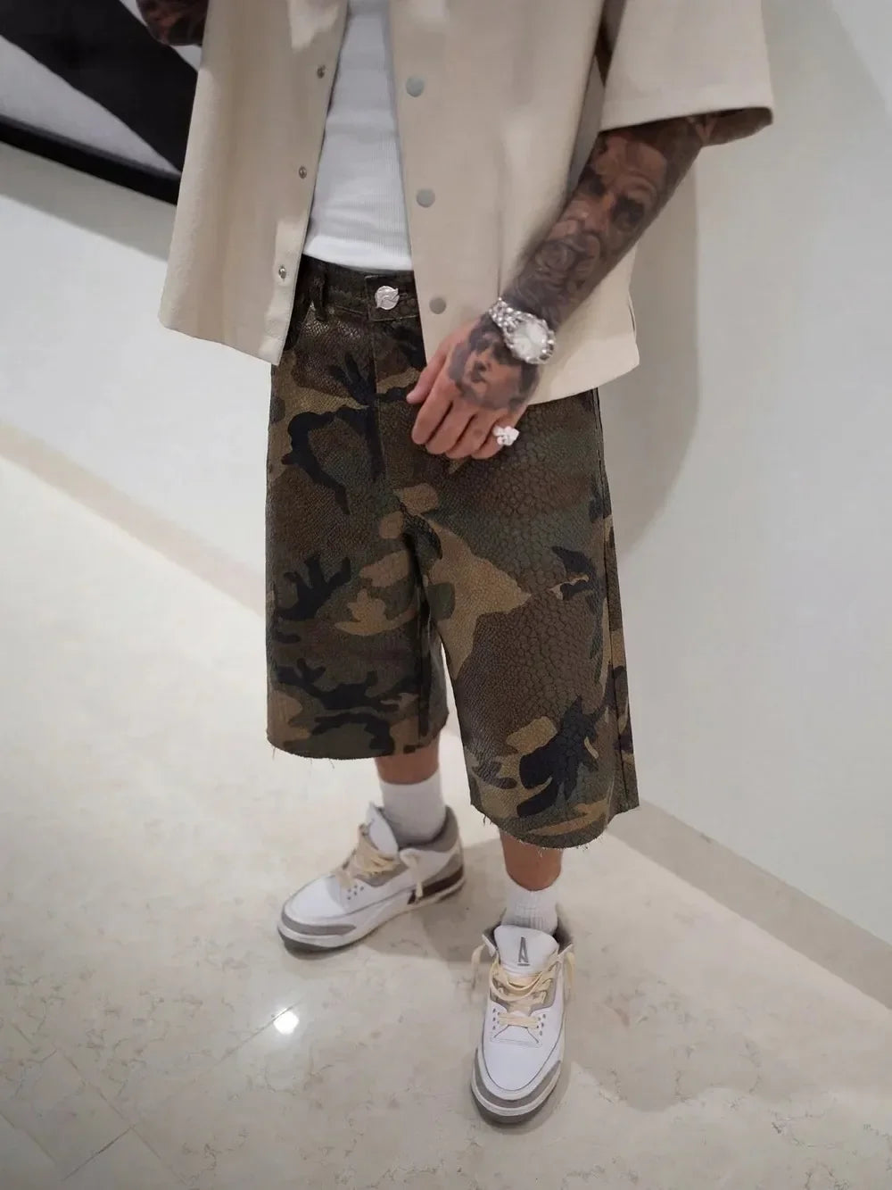 Retro Men Python Patterned Jeans High Street Straight Leg Baggy Wide Leg Camouflage Five Quarter Jeans Hip Hop Rock Unisex Jeans