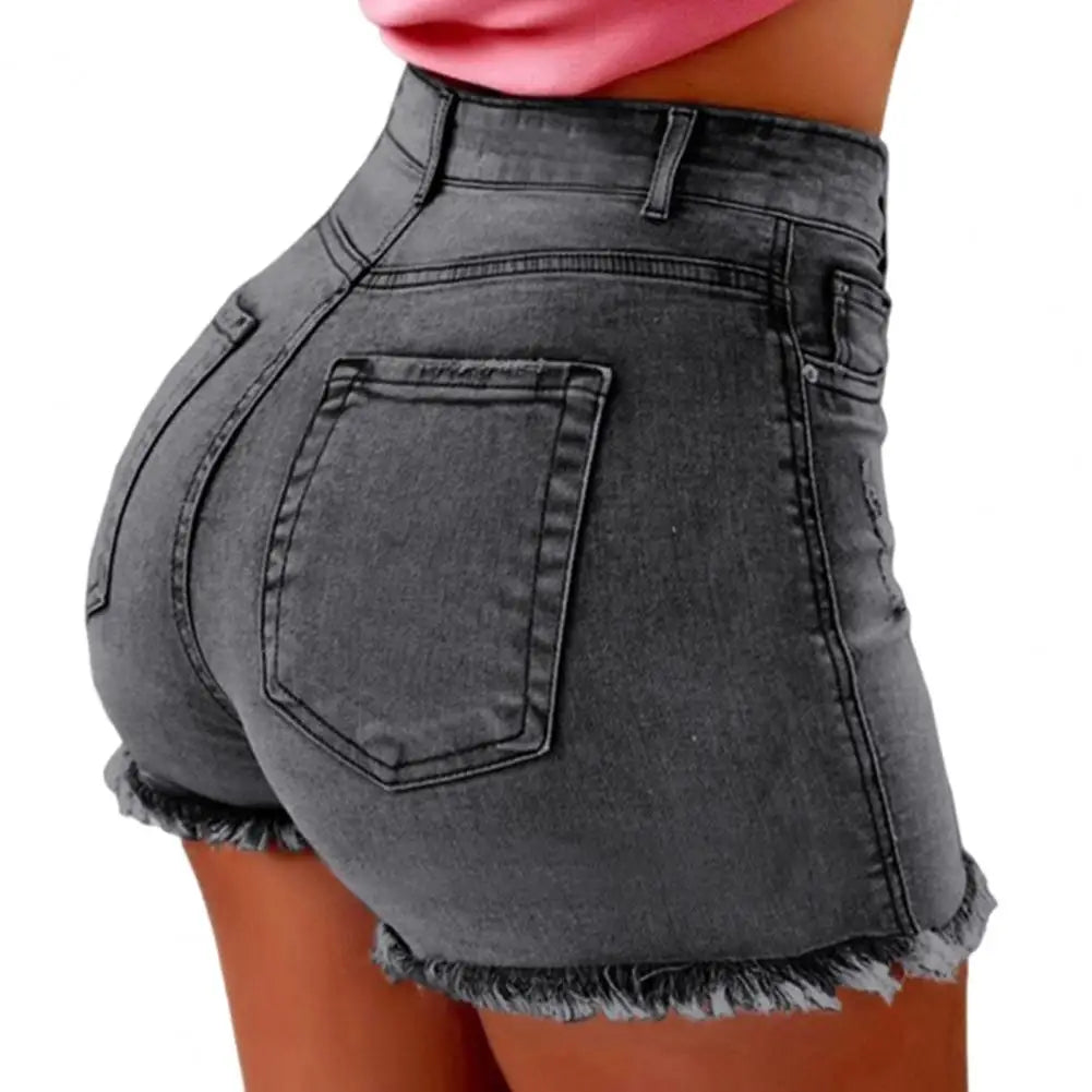 Profashion Retro Distressed Ripped Edge Women Shorts High Waist Washed Butt-lifted Slim Fit Side Pockets Casual Club Party Short Pants