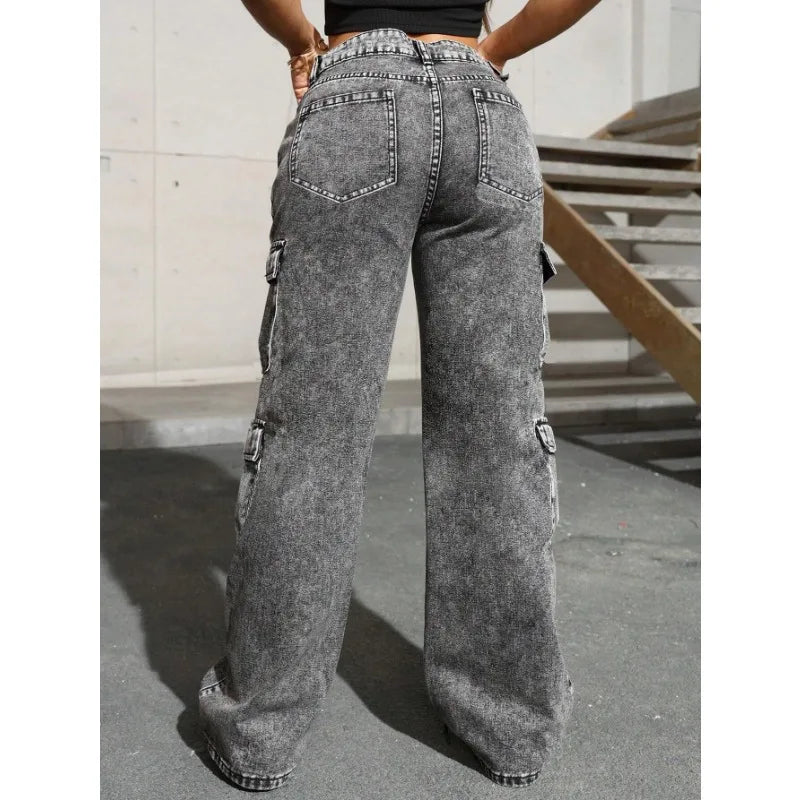 Profashion Jeans High Waist Stretch Cargo Pants Multiple Pockets Casual Trousers For Ladies Fashion Retro Style