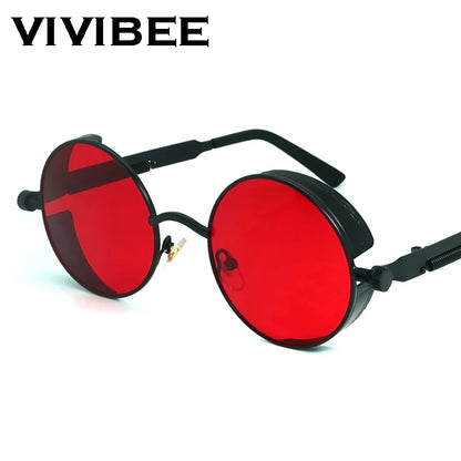 VIVIBEE Vintage Steampunk Red Sunglasses Round Punk Alloy Metal Retro Sun Glasses Goggles Gothic Style Shades
