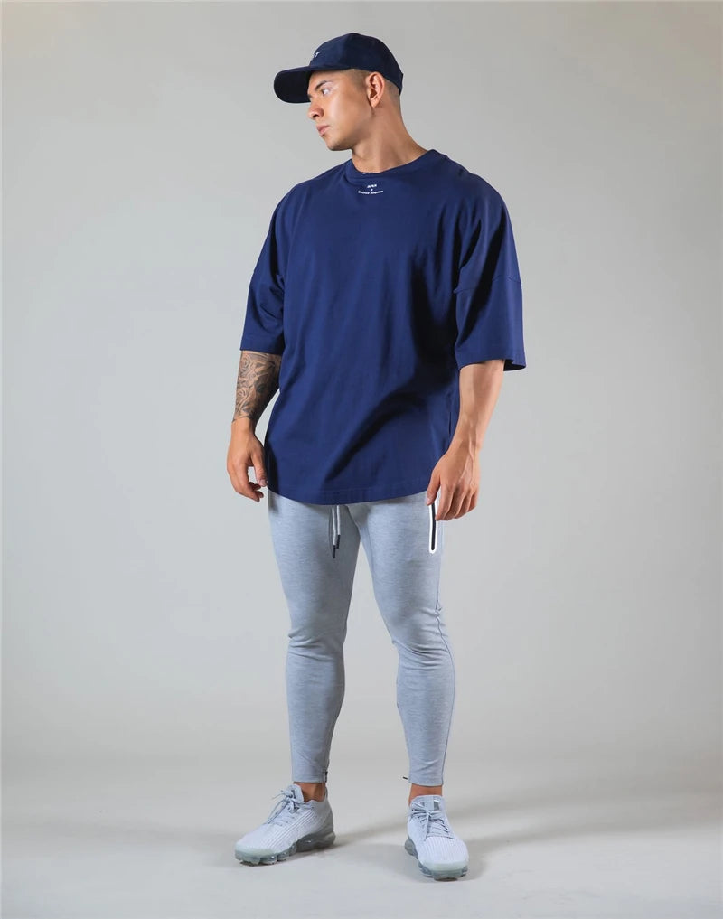 Cotton Gym Shirt Sport T Shirt Men Short Sleeve Running Shirt Men Workout Training Tees Fitness Loose large size M-XXXL