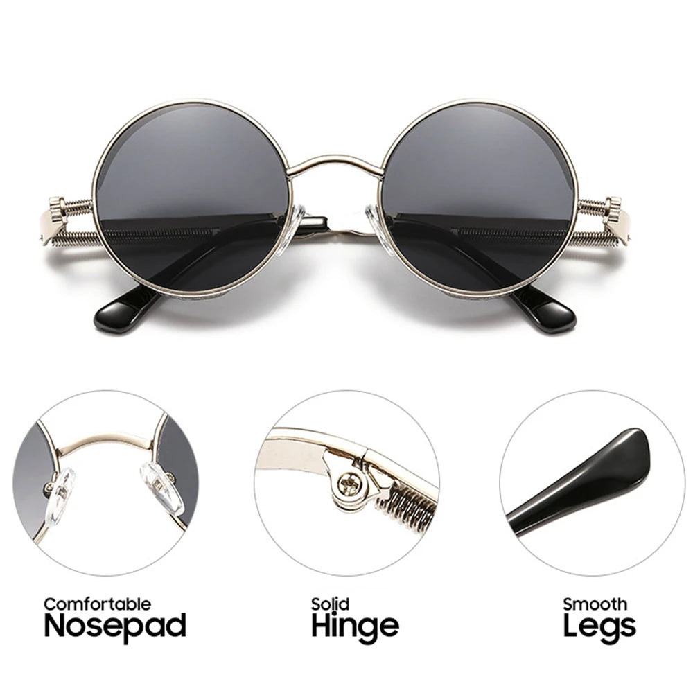 VIVIBEE Vintage Steampunk Red Sunglasses Round Punk Alloy Metal Retro Sun Glasses Goggles Gothic Style Shades