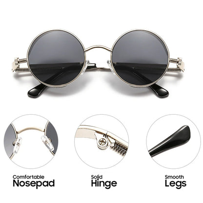 VIVIBEE Vintage Steampunk Red Sunglasses Round Punk Alloy Metal Retro Sun Glasses Goggles Gothic Style Shades