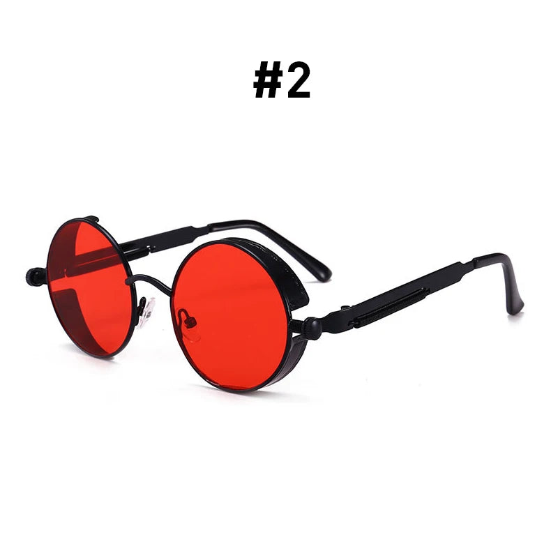 VIVIBEE Vintage Steampunk Red Sunglasses Round Punk Alloy Metal Retro Sun Glasses Goggles Gothic Style Shades