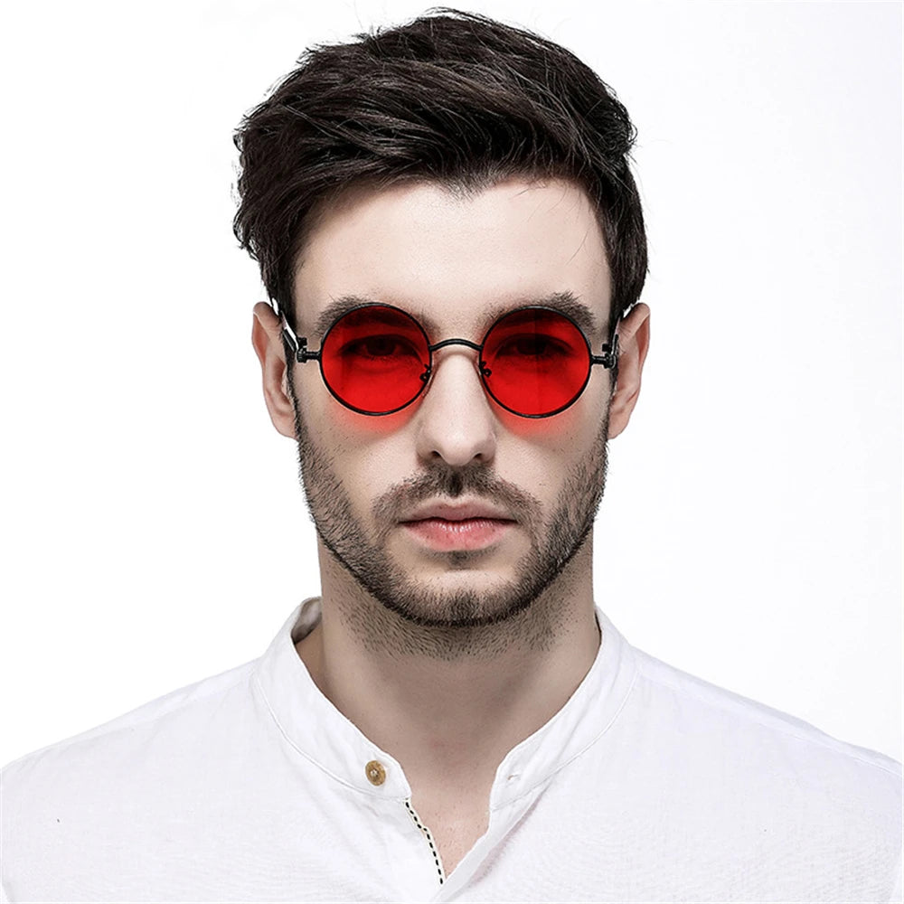 VIVIBEE Vintage Steampunk Red Sunglasses Round Punk Alloy Metal Retro Sun Glasses Goggles Gothic Style Shades