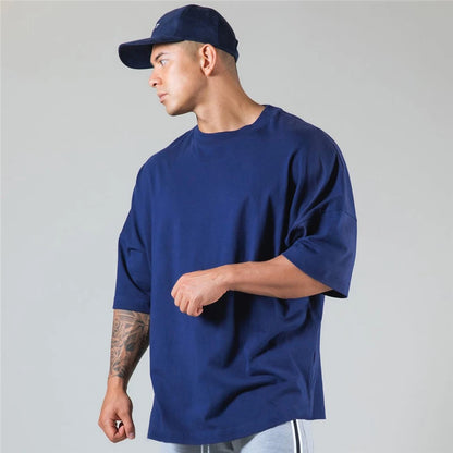 Cotton Gym Shirt Sport T Shirt Men Short Sleeve Running Shirt Men Workout Training Tees Fitness Loose large size M-XXXL