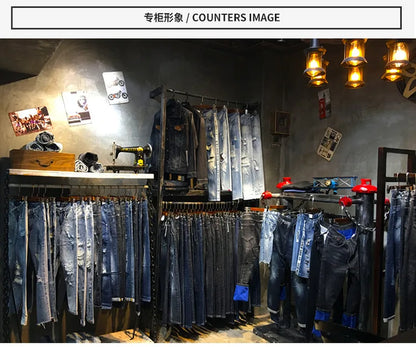 Men's Retro American Street Hip Hop Flame Skull Print Jeans Man High Street Motorcycle Denim Long Pants Baggy Jeans Men Techwear