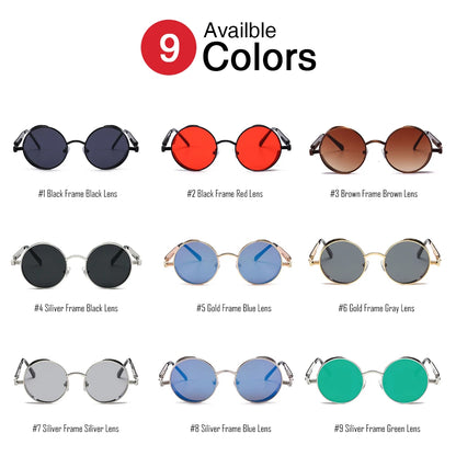 VIVIBEE Vintage Steampunk Red Sunglasses Round Punk Alloy Metal Retro Sun Glasses Goggles Gothic Style Shades