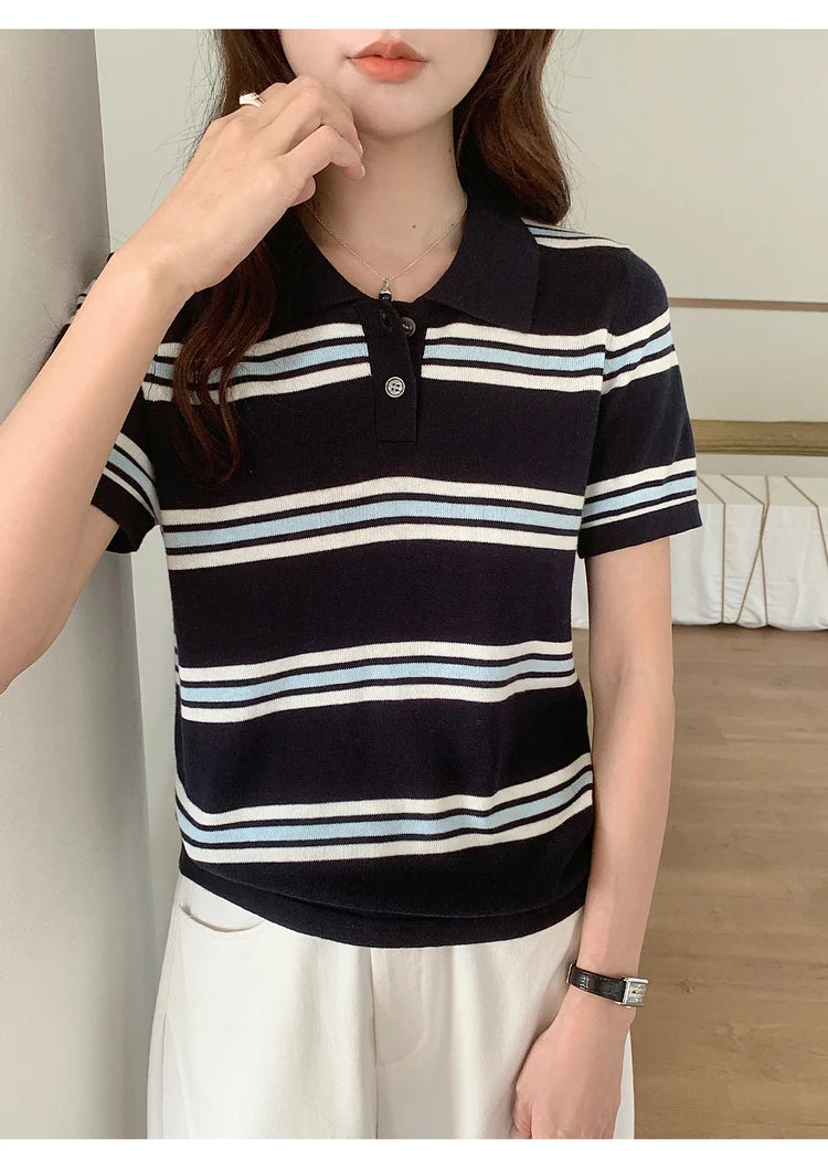 Summer 100% cotton women's T-shirt casual striped knit pullover short sleeved loose POLO collar Tees Pull fashion tops