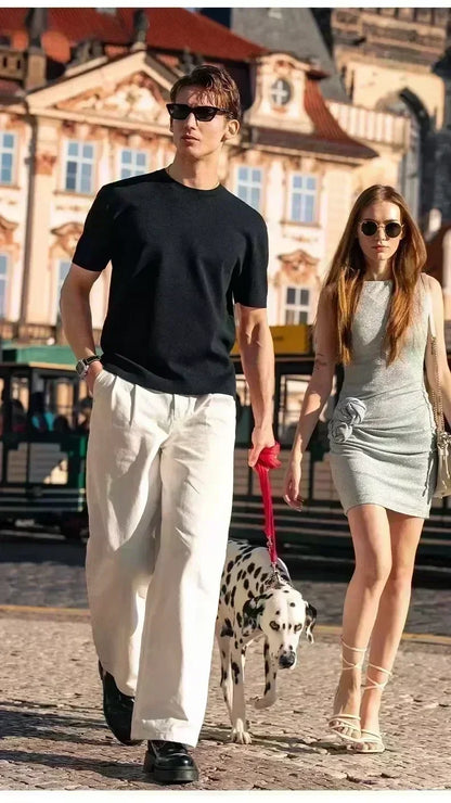 Unisex Couple Street Style Angel Print Summer Top Round Neck Short Sleeve T-Shirt