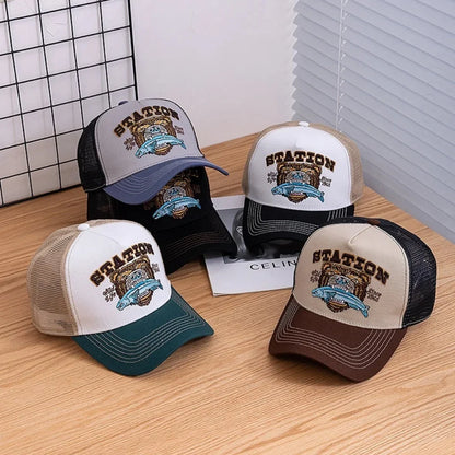 Bear Eating Fish Streetwear Hat Truck Hat Outdoor Skateboarding Hat Sunshade Baseball Hat Breathable Mesh Hat