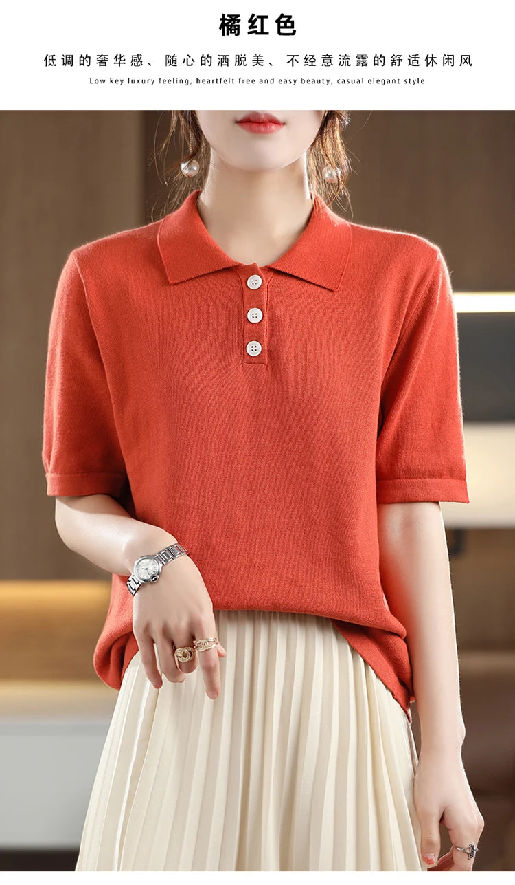 Women's T-shirt Summer 100% Cotton Sweater Short Sleeve Casual Knitted POLO Collar Women's Top Loose Pullover T-shirt Button