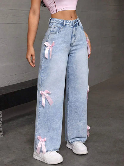Luxury Women's Jeans Street Chic Street Style Bowknot Design Washed Denim Pants Loose Straight Wide Leg Pants For Y2kk