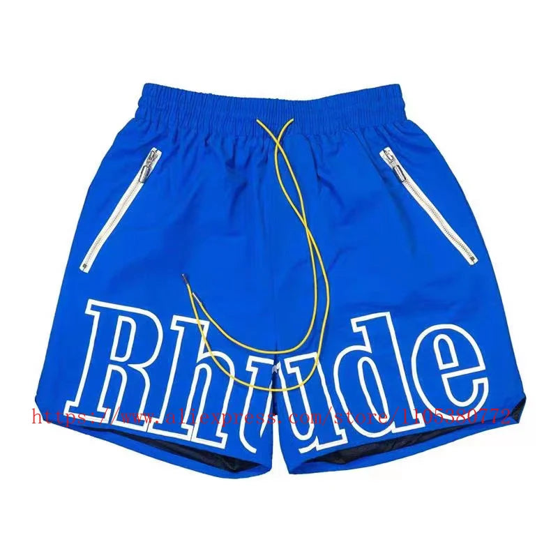 Latest Style RHUDE Men's  Casual Shorts Hip Hop Elastic Waist Drawstring Zip Pocket Summer Street Leisure Beach Shorts