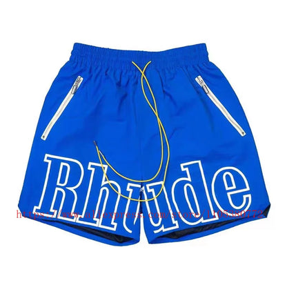 Latest Style RHUDE Men's  Casual Shorts Hip Hop Elastic Waist Drawstring Zip Pocket Summer Street Leisure Beach Shorts