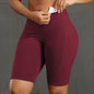 Solid Color Women Shorts with 3 Pockets Butt Lifting Workout Tights Stretch Athletic Five-pointed Pants Outdoor Fitness Shorts