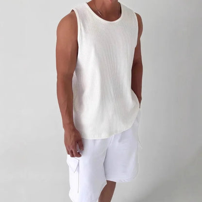 Men's White Ribbed Tank Top Summer Loose Fit Round Neck Gym Workout Sleeveless T-Shirt Sport Breathable Muscle Vest