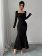 Women's Four Seasons New Style Women's Elegant Temperament Retro Solid Color Square Collar Long Sleeve Dress