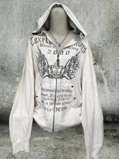 Mountainous Carving Harajuku Hoodie Y2K New Fleece Thickened Got Print Zipper Hoodie Women Street Hip Hop Joker Loose Sweatshirt