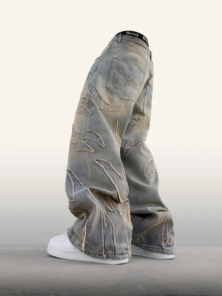 American New Fashion Patch Baggy Casual Jeans For Men And Women Y2K High Street Harajuku High Waist Wide Leg Denim Trousers