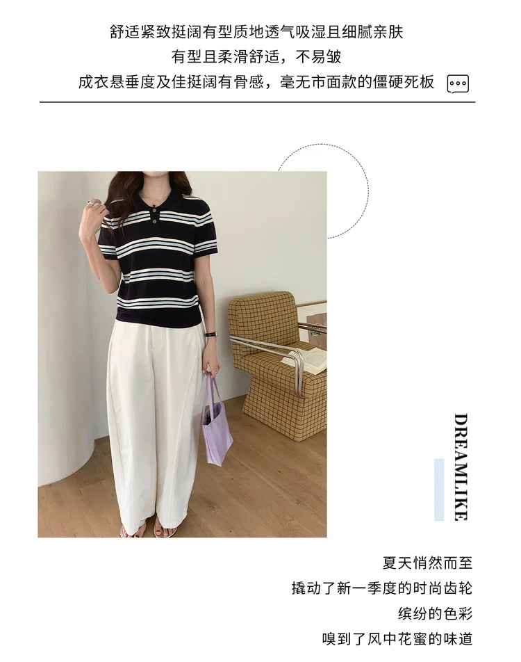 Summer 100% cotton women's T-shirt casual striped knit pullover short sleeved loose POLO collar Tees Pull fashion tops