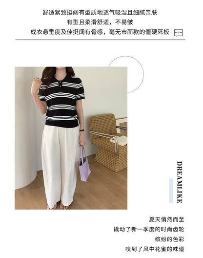 Summer 100% cotton women's T-shirt casual striped knit pullover short sleeved loose POLO collar Tees Pull fashion tops