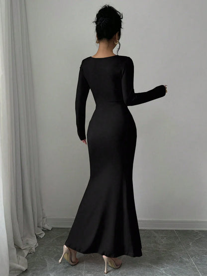 Women's Four Seasons New Style Women's Elegant Temperament Retro Solid Color Square Collar Long Sleeve Dress