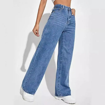 High Waist Denim Pants For Women Stretchy Wide-Leg Jeans With Pockets Casual Straight Leg Summer Autumn Female Jean Trousers