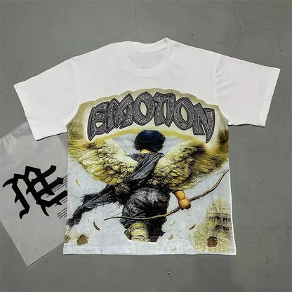 Unisex Couple Street Style Angel Print Summer Top Round Neck Short Sleeve T-Shirt