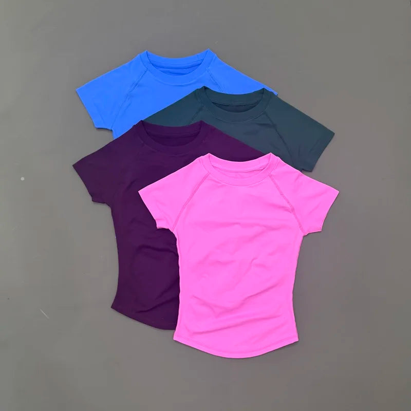Histello Women Short Sleeve Sports T-Shirt Round Neck Breathable Stretchy Quick Dry Top Yoga Gym Running Fitness Activewear