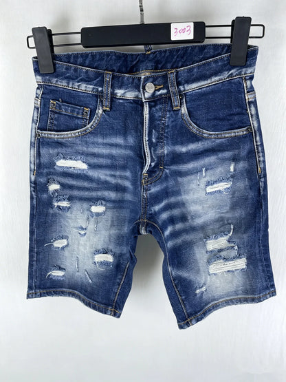 3006 Summer New Men's Jeans Washed Ripped Patch Paint Slim-fit Micro-elastic Denim Shorts Men's Black