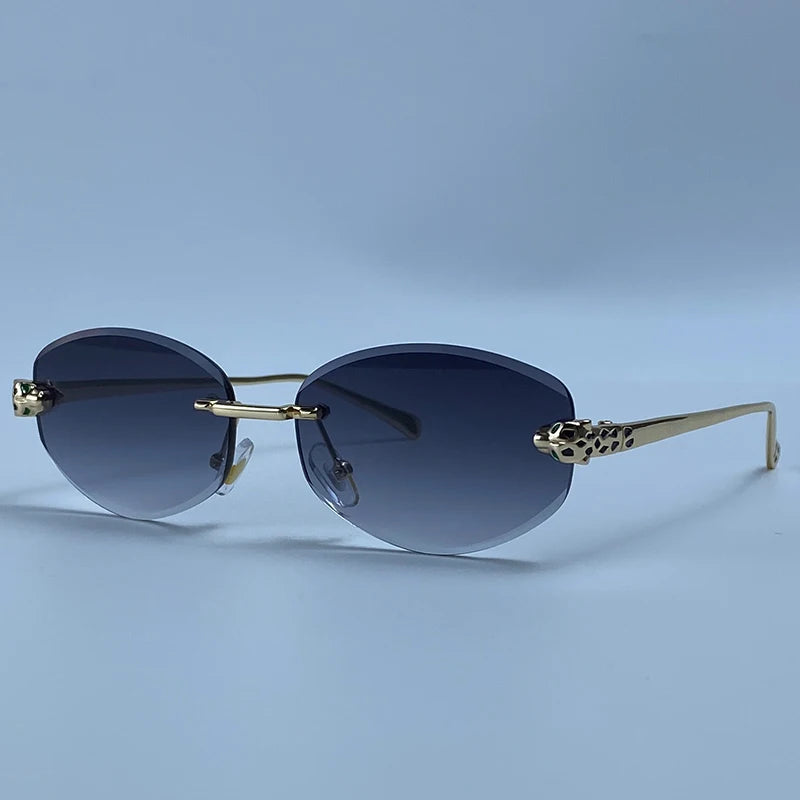 Vintage Rimless Oval Punk Sunglasses Men Luxury Designer Leopard Head Frameless Sun Glasses Hip Hop Outdoor Shades Eyewear