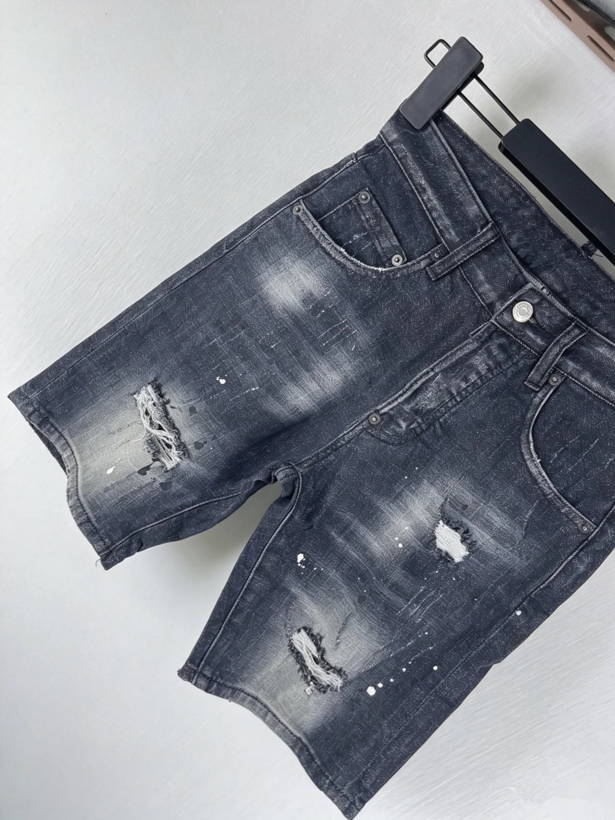 3006 Summer New Men's Jeans Washed Ripped Patch Paint Slim-fit Micro-elastic Denim Shorts Men's Black