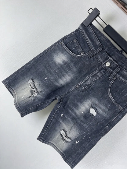 3006 Summer New Men's Jeans Washed Ripped Patch Paint Slim-fit Micro-elastic Denim Shorts Men's Black