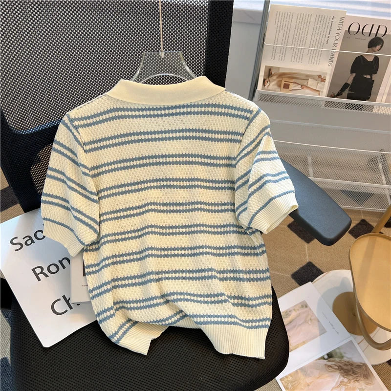 Polo Neck New Women's Knitting T-Shirt Striped Short Sleeve Women T Shirt for Female Slim Tops Woman T Shirts Clothing S145