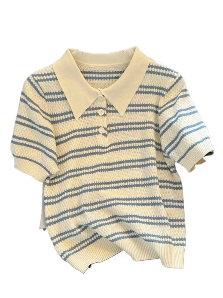 Polo Neck New Women's Knitting T-Shirt Striped Short Sleeve Women T Shirt for Female Slim Tops Woman T Shirts Clothing S145