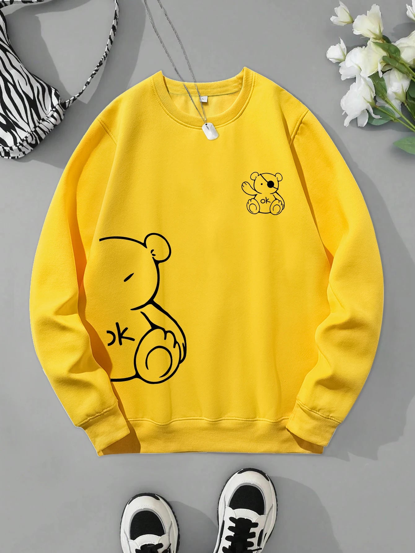 Profashion OK Teddy bear Printing Sweatshirts For Women Classic Retro Fashion Hoodies Fleece Warm Casual Clothes Loose Sportswear