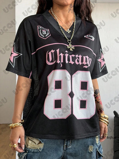 Summer New Chicago No.88 Print T Shirt For Women V-Neck Patchwork Short Sleeve Sports Football Jersey Y2K Loose Oversized Tops