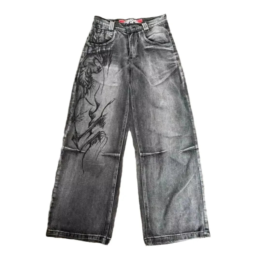 Mens Jeans Y2K Vintage Streetwear Black Gray Wide Leg Denim Pants Abstract Print Washed Distressed Loose Fit Dark Punk Fashion