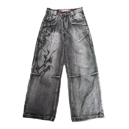Mens Jeans Y2K Vintage Streetwear Black Gray Wide Leg Denim Pants Abstract Print Washed Distressed Loose Fit Dark Punk Fashion