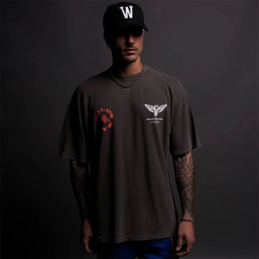 GYM Collaboration Fitness American Trendy Brand Wolf Head Print Pure Cotton Round-neck Couple T-shirts Summer Fashion Tees