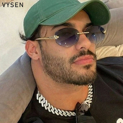 Vintage Rimless Oval Punk Sunglasses Men Luxury Designer Leopard Head Frameless Sun Glasses Hip Hop Outdoor Shades Eyewear