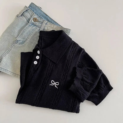 Summer Slim Polo shirt Knitted Short Sleeve T-shirt Sweet Bow Embroidered Knitted  Women Tops