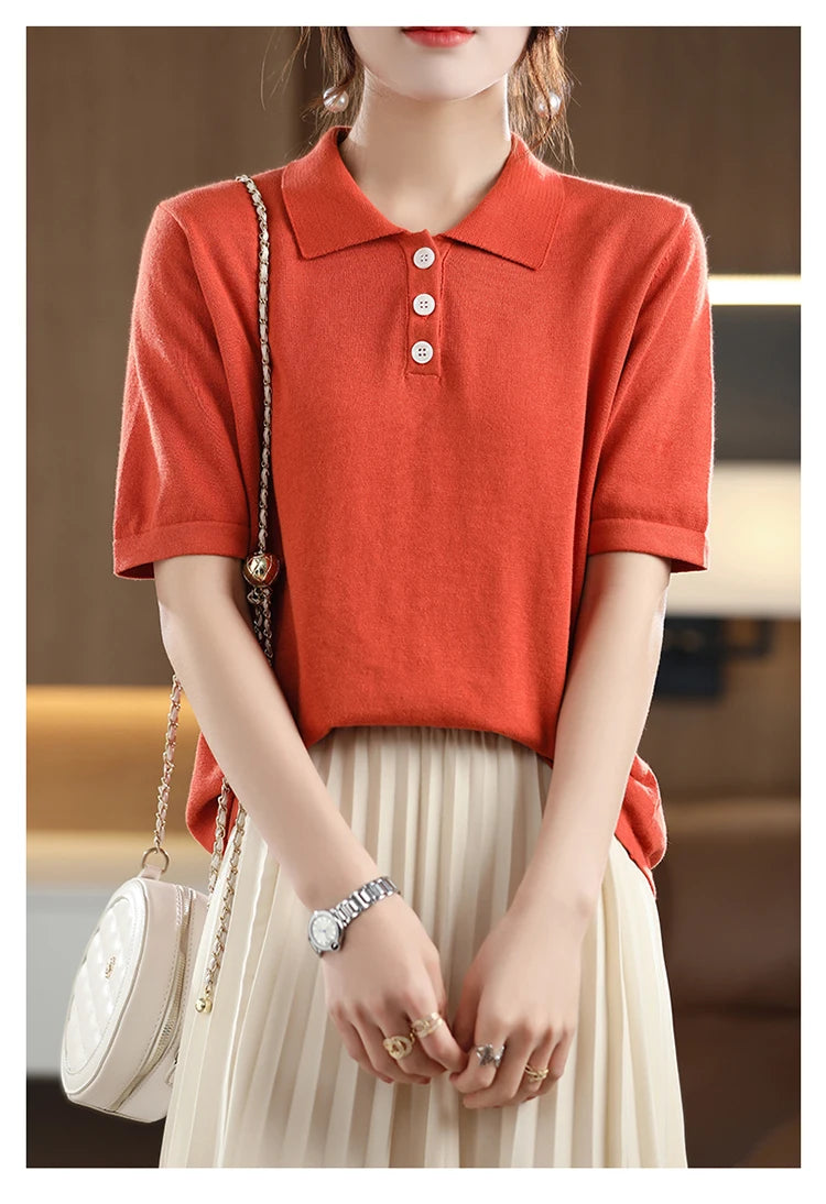 Women's T-shirt Summer 100% Cotton Sweater Short Sleeve Casual Knitted POLO Collar Women's Top Loose Pullover T-shirt Button
