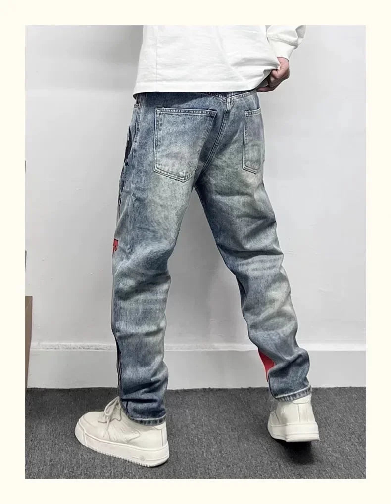 Men's Retro American Street Hip Hop Flame Skull Print Jeans Man High Street Motorcycle Denim Long Pants Baggy Jeans Men Techwear