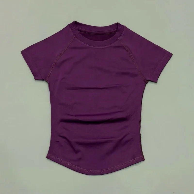 Histello Women Short Sleeve Sports T-Shirt Round Neck Breathable Stretchy Quick Dry Top Yoga Gym Running Fitness Activewear