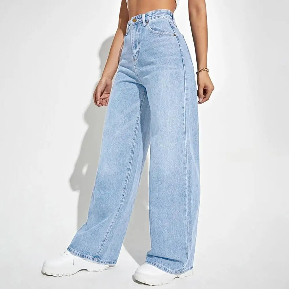 High Waist Denim Pants For Women Stretchy Wide-Leg Jeans With Pockets Casual Straight Leg Summer Autumn Female Jean Trousers