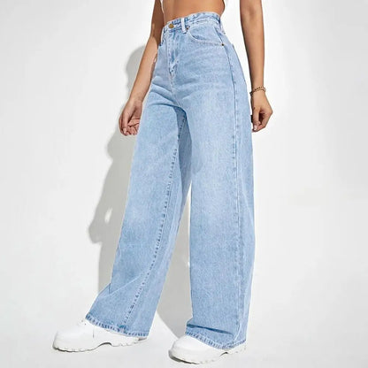 High Waist Denim Pants For Women Stretchy Wide-Leg Jeans With Pockets Casual Straight Leg Summer Autumn Female Jean Trousers